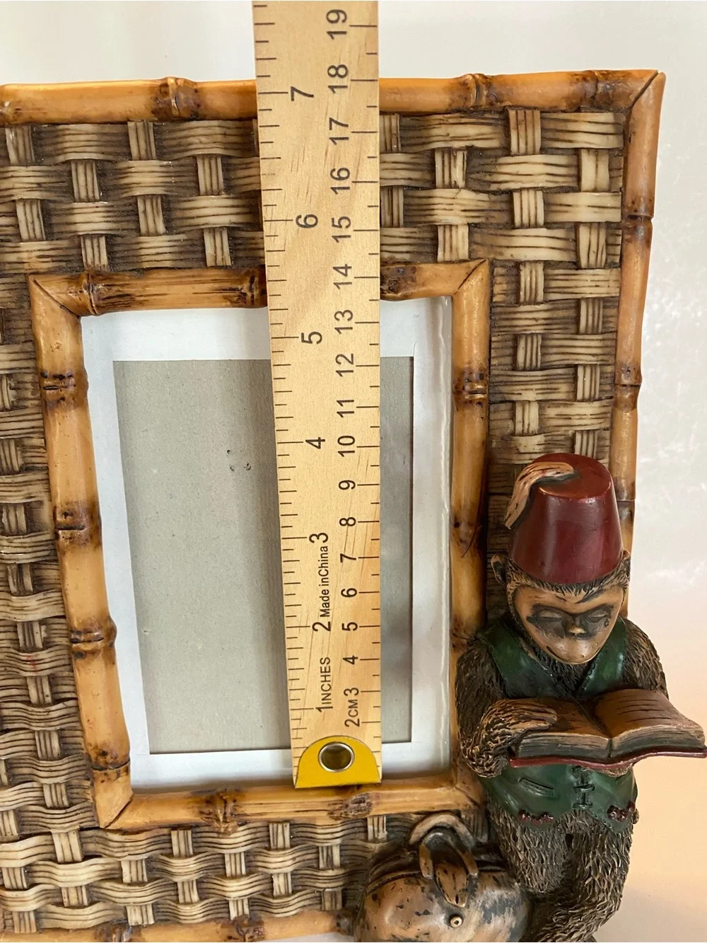 Hollywood Regency Building VTG Picture Frame Faux Bamboo Monkey Boho Tiki 3.5x5